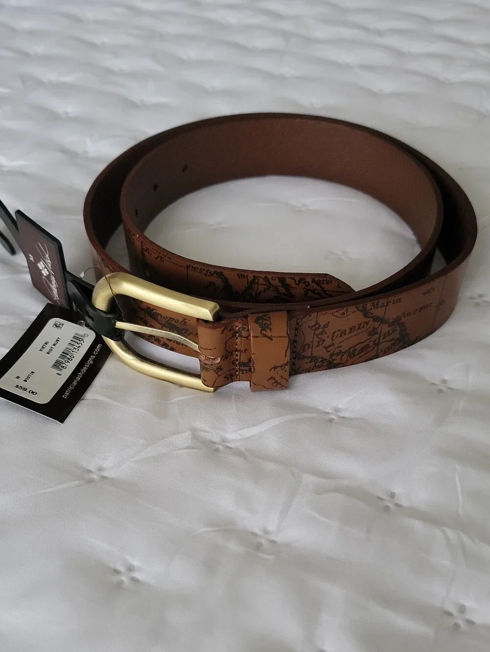 NWT, Patricia NashVietri Brown Printed Leather Belt with Gold Buckle